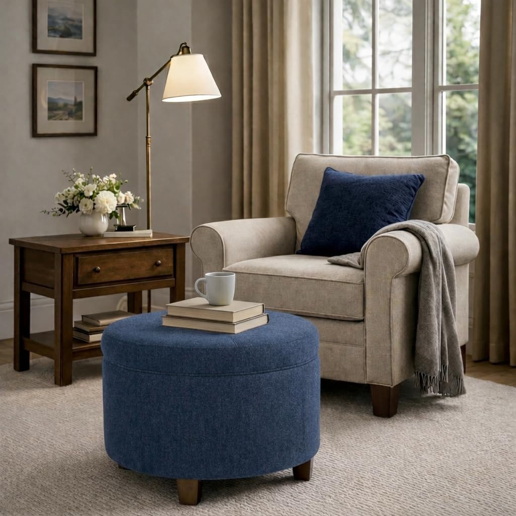 image:imageHomePop 24 Large Round Storage Ottoman Blue Gray Woven FabricBlue Woven Fabric
