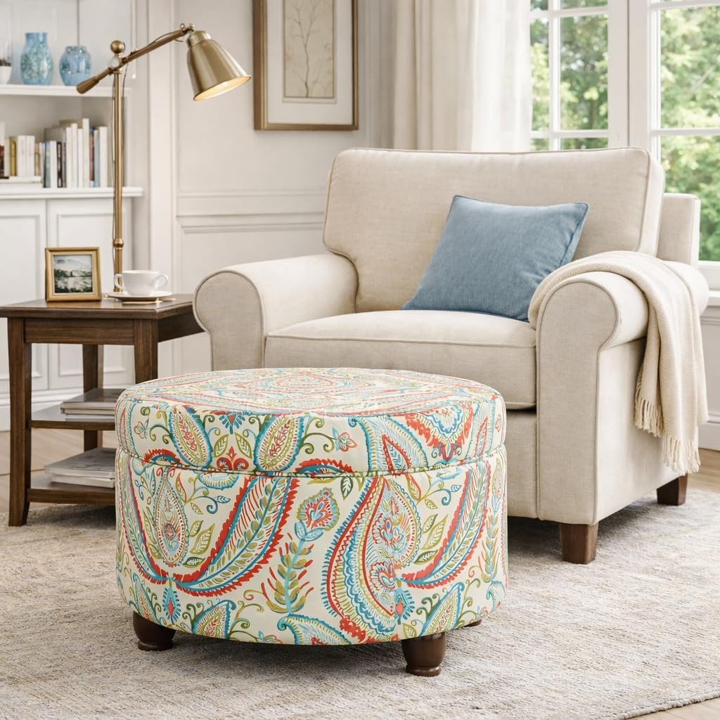image:imageHomePop 24 Large Round Storage Ottoman Blue Gray Woven FabricBold Paisley
