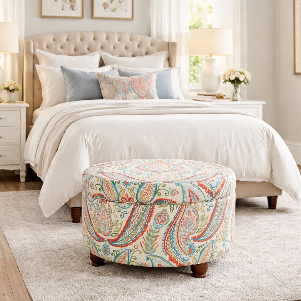 image:imageHomePop 24 Large Round Storage Ottoman Blue Gray Woven FabricBold Paisley