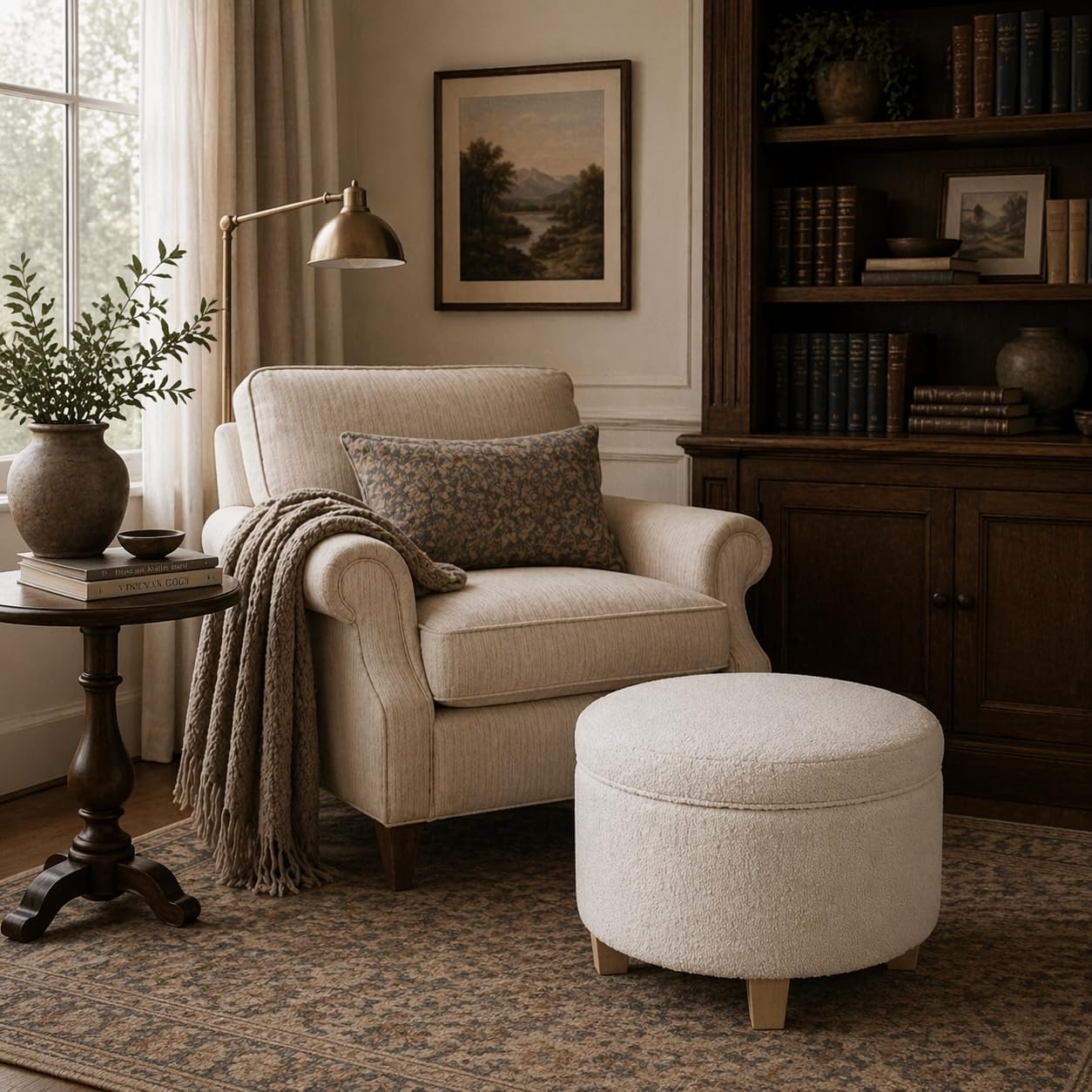 image:imageHomePop 24 Large Round Storage Ottoman Blue Gray Woven FabricCream Boucle