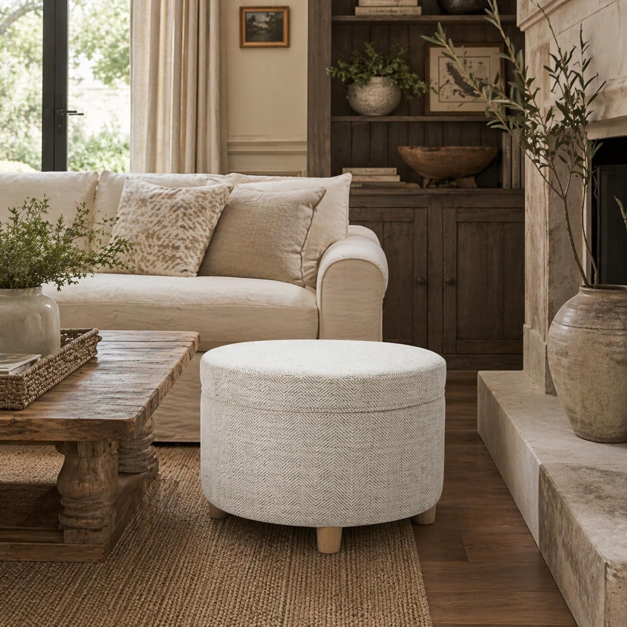 image:imageHomePop 24 Large Round Storage Ottoman Blue Gray Woven FabricCream Chevron Woven