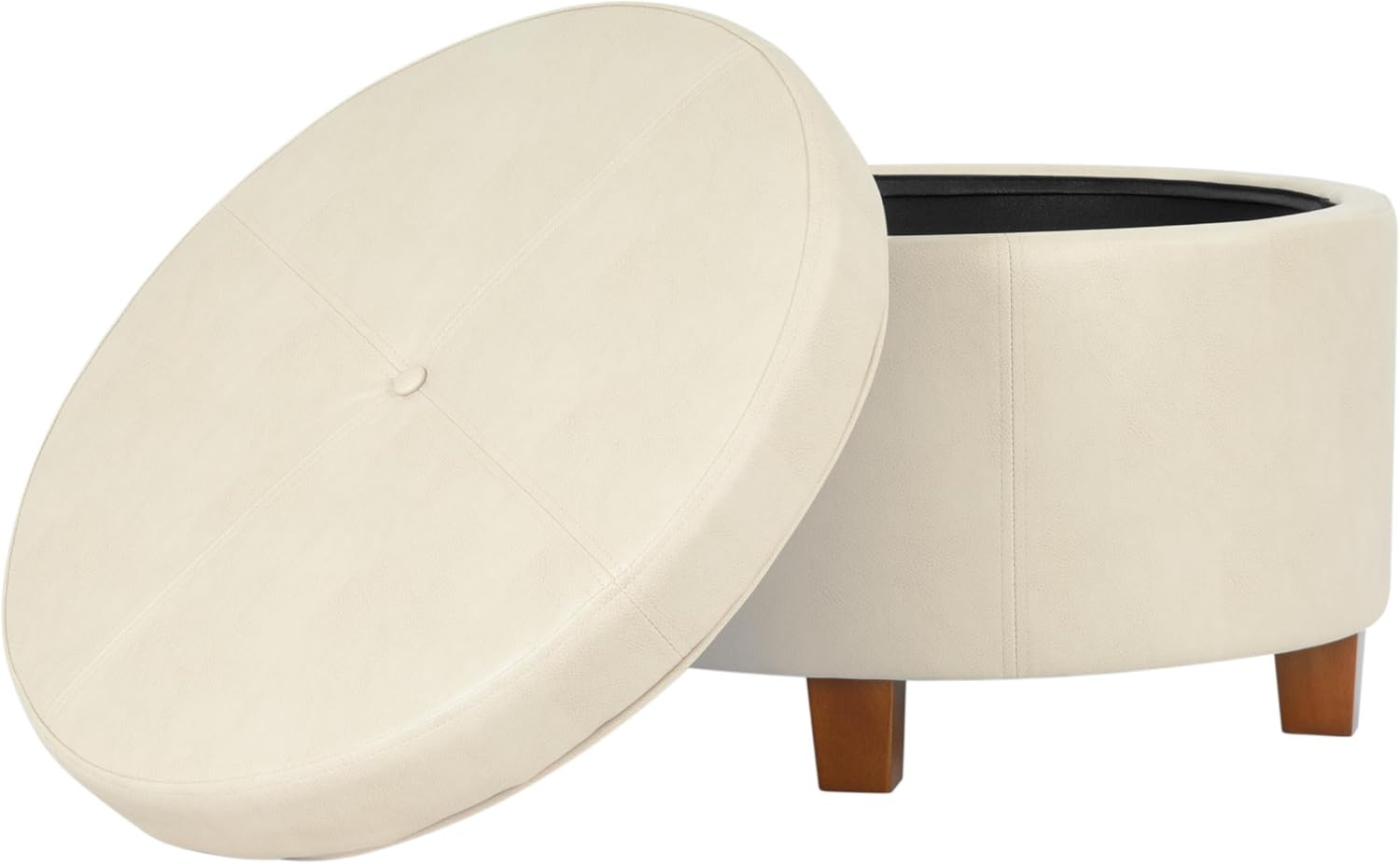 image:imageHomePop 24 Large Round Storage Ottoman Blue Gray Woven FabricCream Faux Leather