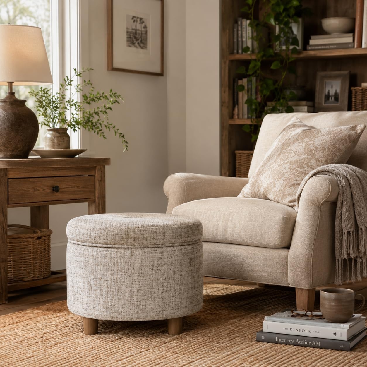 image:imageHomePop 24 Large Round Storage Ottoman Blue Gray Woven FabricCream Textural Woven