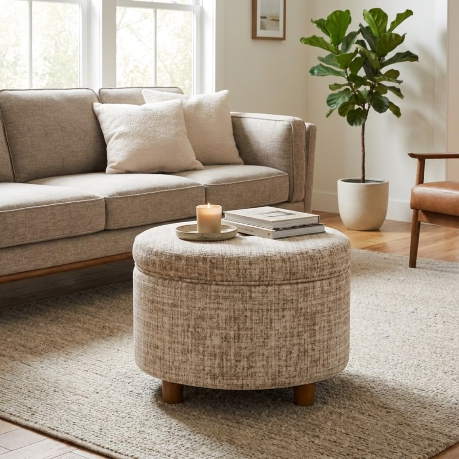 image:imageHomePop 24 Large Round Storage Ottoman Blue Gray Woven FabricCream Textural Woven