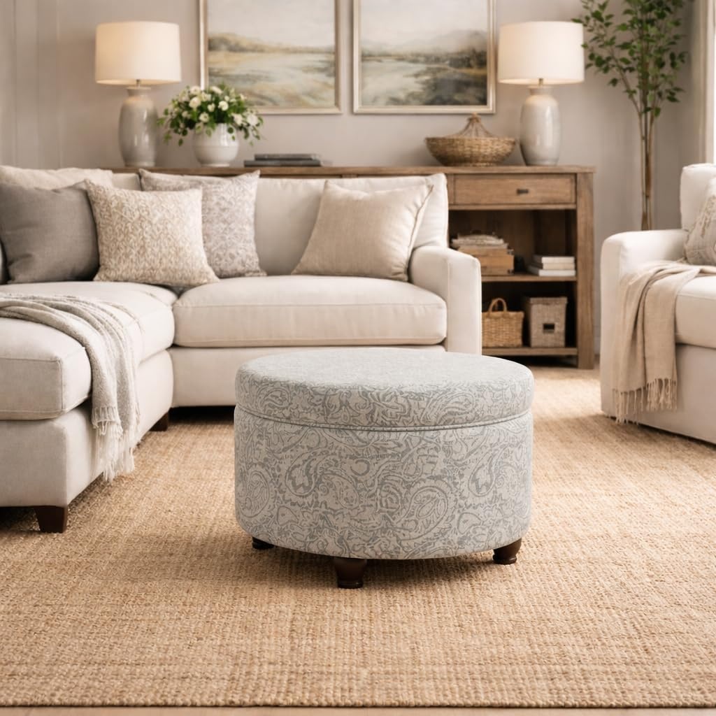 image:imageHomePop 24 Large Round Storage Ottoman Blue Gray Woven FabricGray Floral