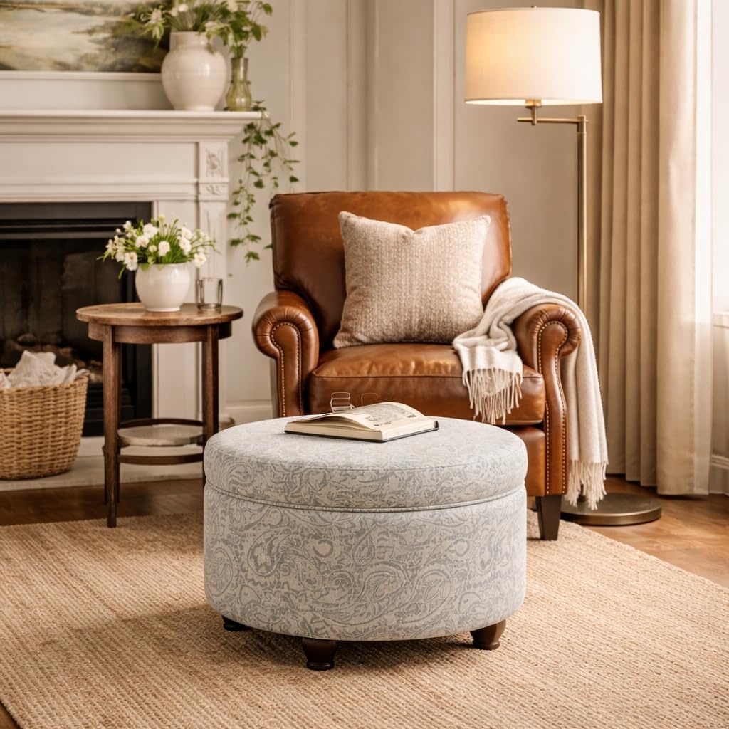 image:imageHomePop 24 Large Round Storage Ottoman Blue Gray Woven FabricGray Floral