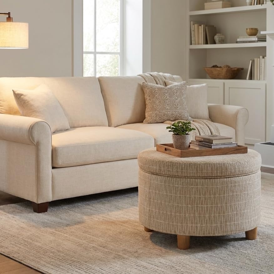 image:imageHomePop 24 Large Round Storage Ottoman Blue Gray Woven FabricTan Geometric Pattern