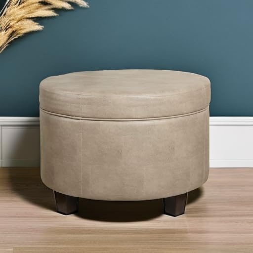 image:imageHomePop 24 Large Round Storage Ottoman Blue Gray Woven FabricTaupe Brown
