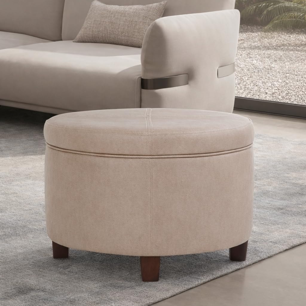 image:imageHomePop 24 Large Round Storage Ottoman Blue Gray Woven FabricTaupe Brown