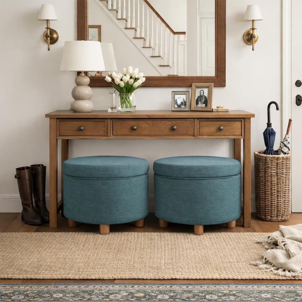 image:imageHomePop 24 Large Round Storage Ottoman Blue Gray Woven FabricTeal Linen