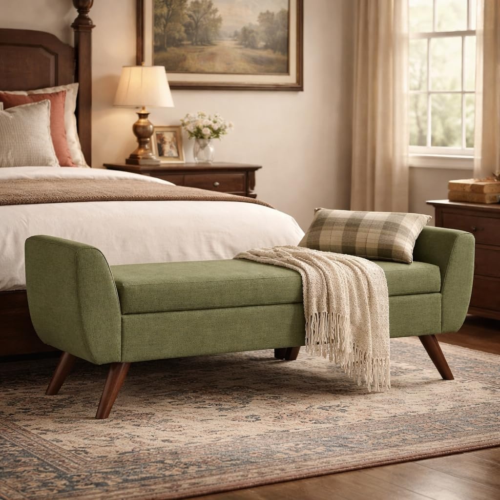 image:imageHomePop 60 Modern Storage Bench with Wood Legs Blue VelvetOlive Green Woven