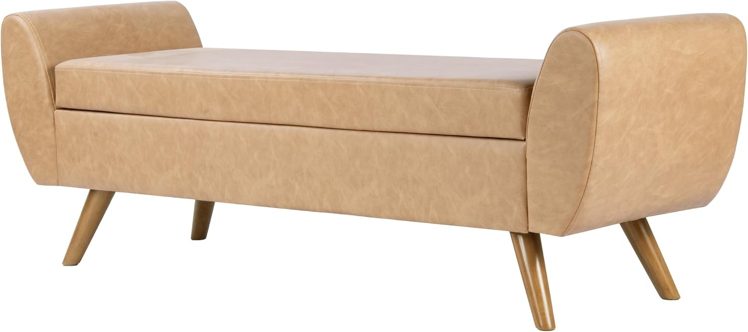 image:imageHomePop 60 Modern Storage Bench with Wood Legs Blue VelvetSand Faux Leather
