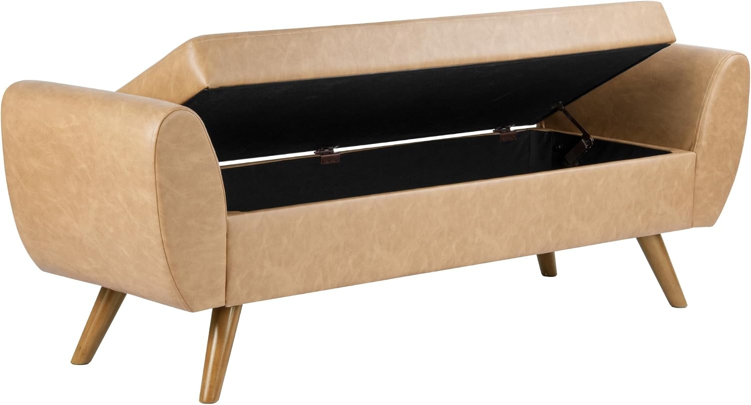 image:imageHomePop 60 Modern Storage Bench with Wood Legs Blue VelvetSand Faux Leather