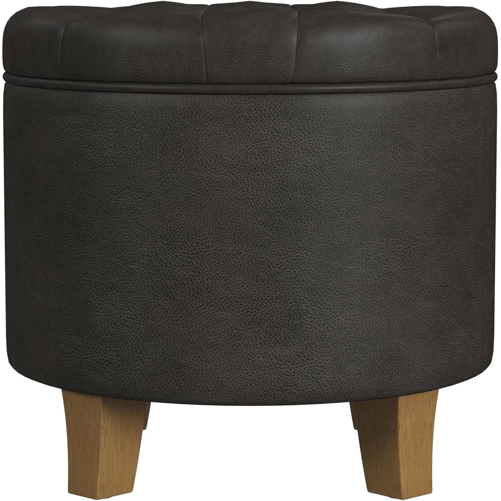 image:imageHomePop 19 Button Tufted Round Storage Ottoman  Blue Gray Woven FabricBlack Faux Leather