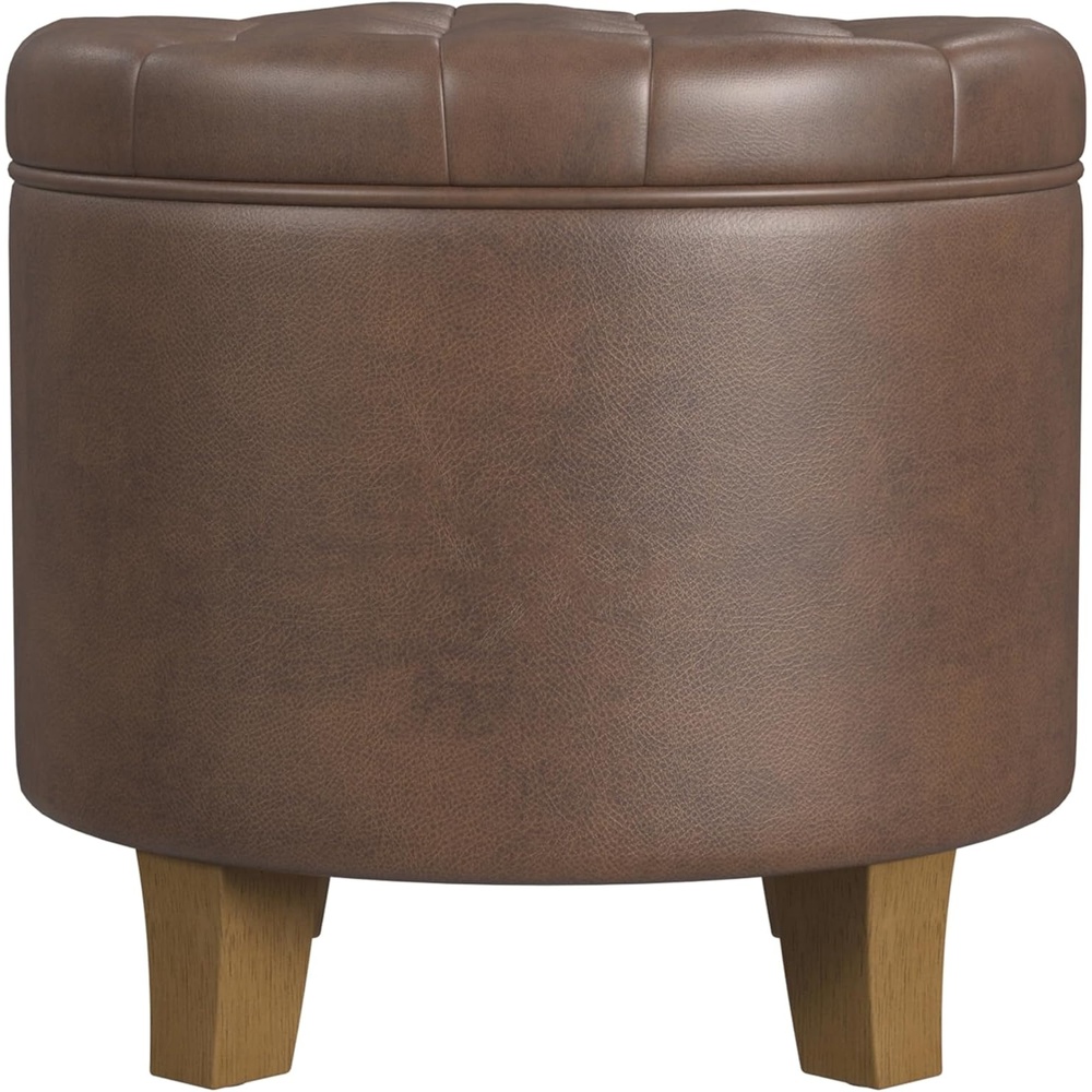 image:imageHomePop 19 Button Tufted Round Storage Ottoman Blue Gray Woven FabricBrown Faux Leather