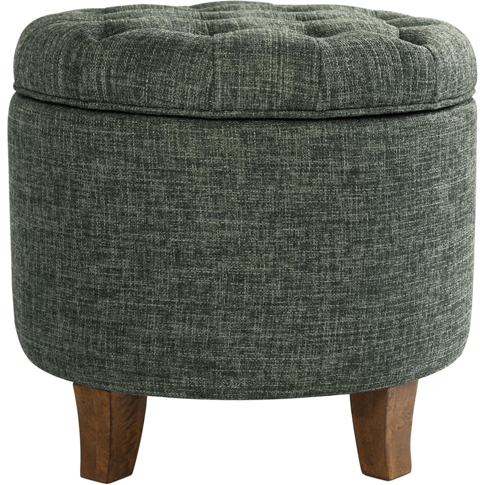 image:imageHomePop 19 Button Tufted Round Storage Ottoman Blue Gray Woven FabricGreen Clover Fabric