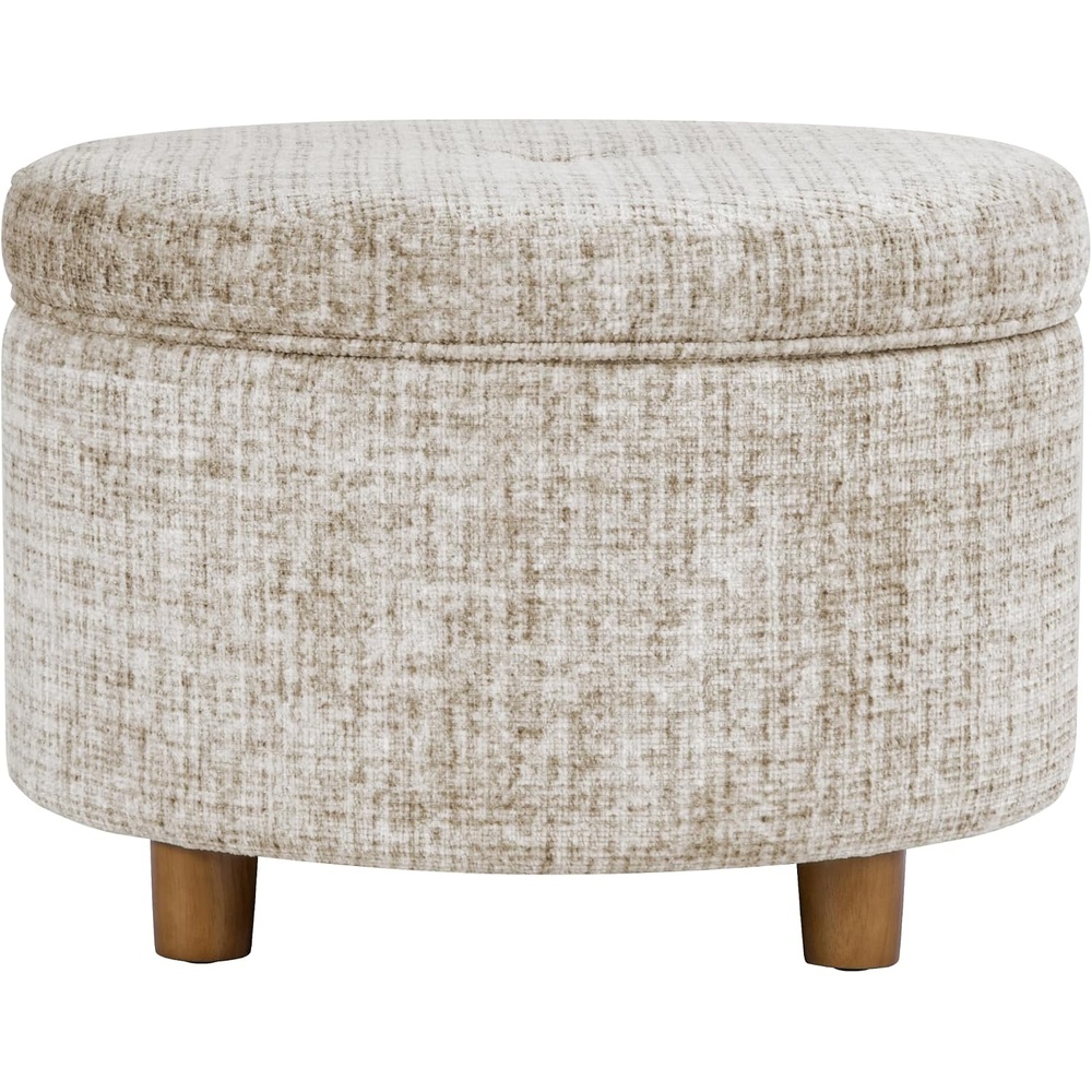 image:imageHomePop 24 Large Round Storage Ottoman Blue Gray Woven FabricCream Textural Woven