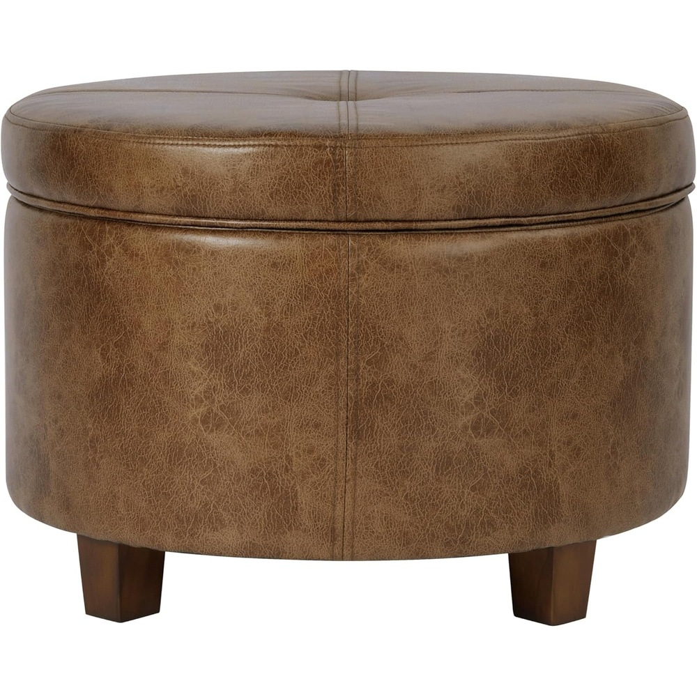 image:imageHomePop 24 Large Round Storage Ottoman Blue Gray Woven FabricDistressed Brown Faux Leather