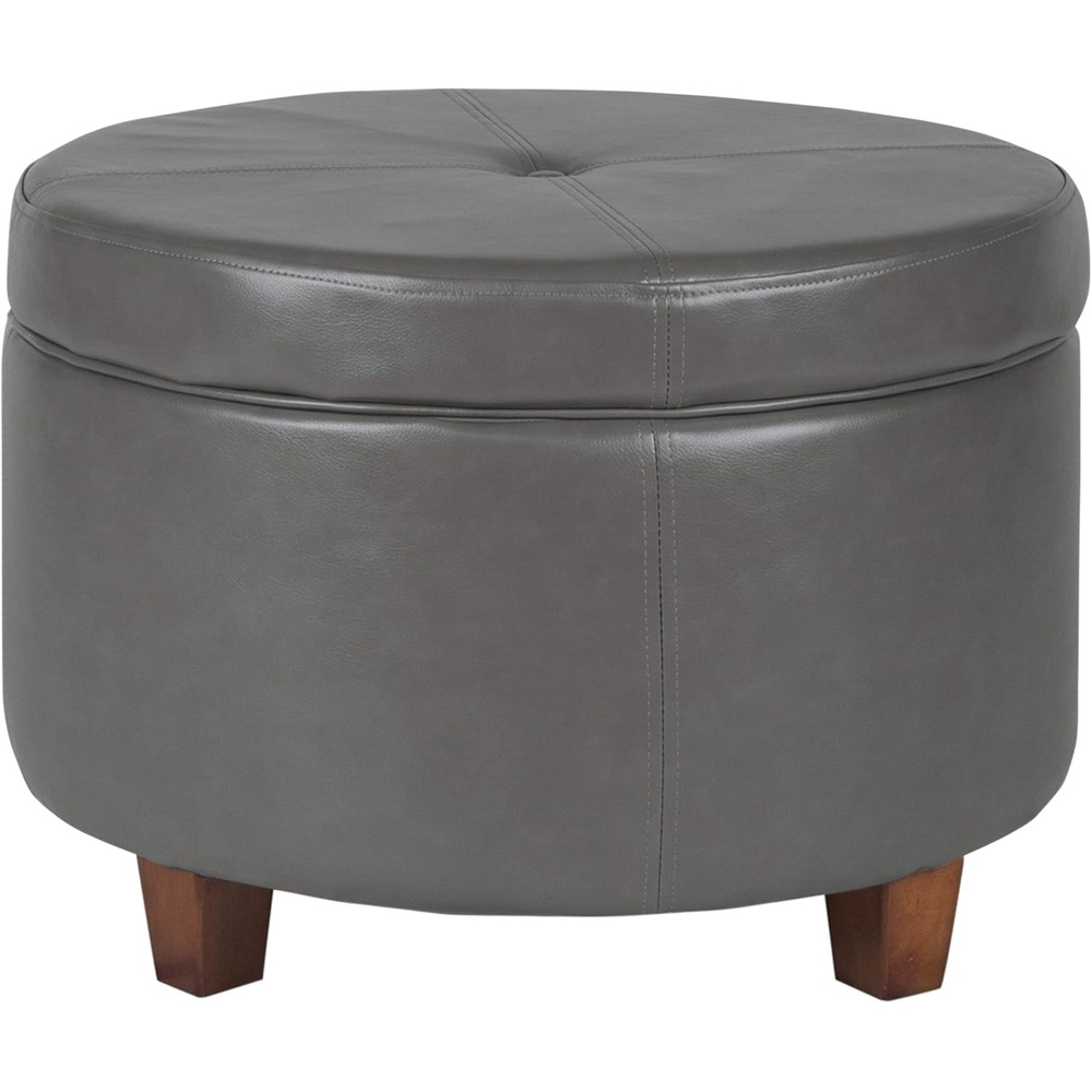 image:imageHomePop 24 Large Round Storage Ottoman Blue Gray Woven FabricGray Faux Leather
