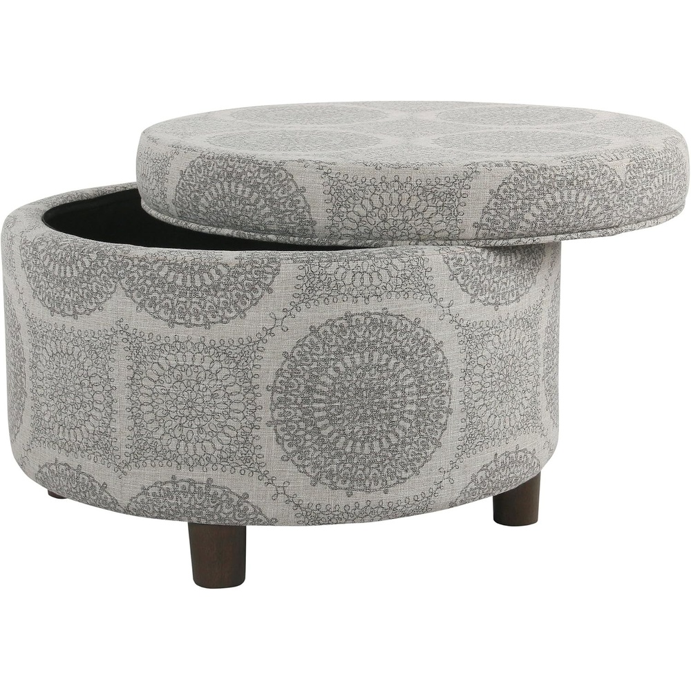 image:imageHomePop 24 Large Round Storage Ottoman  Blue Gray Woven FabricGrey Medallion