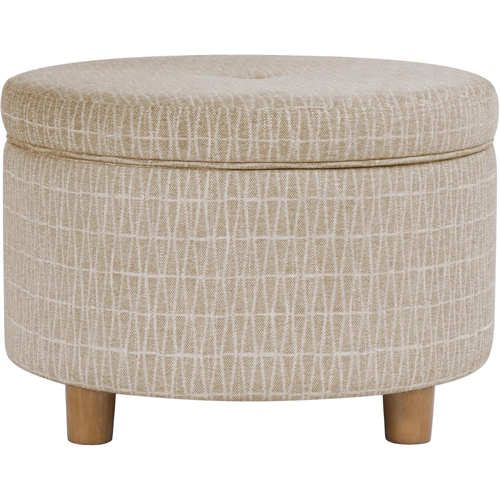 image:imageHomePop 24 Large Round Storage Ottoman Blue Gray Woven FabricTan Geometric Pattern
