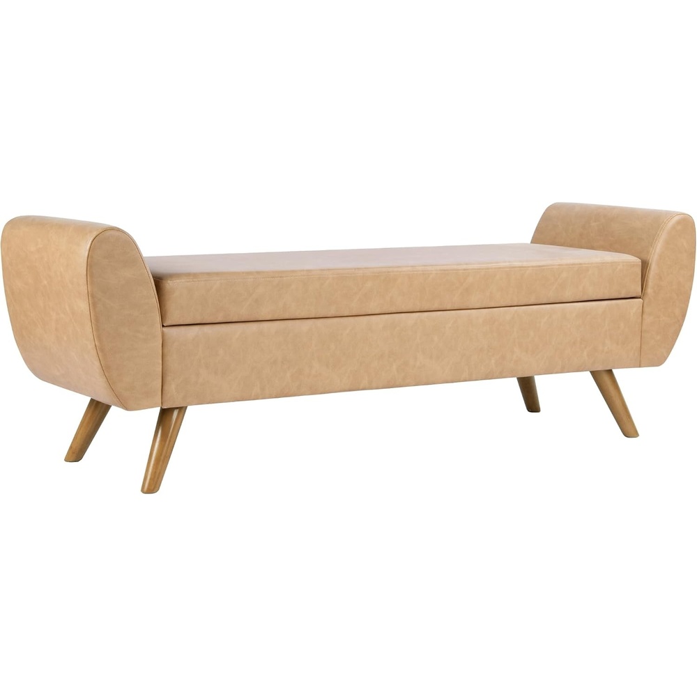 image:imageHomePop 60 Modern Storage Bench with Wood Legs  Blue VelvetSand Faux Leather