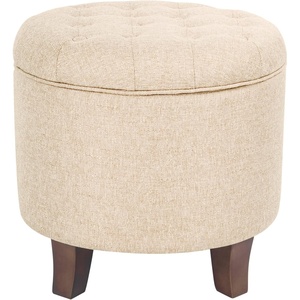 HomePop 19″ Button Tufted Round Storage Ottoman – Blue Gray Woven Fabric(Light Brown)