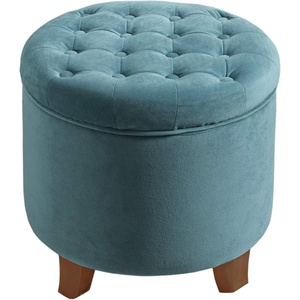 HomePop 19″ Button Tufted Round Storage Ottoman – Blue Gray Woven Fabric(Teal)