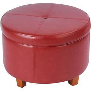 HomePop 24″ Large Round Storage Ottoman – Blue Gray Woven Fabric(Cinnamon Red)