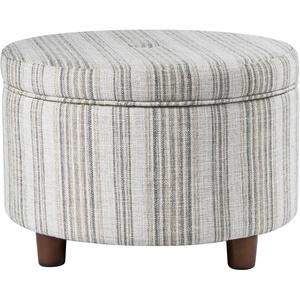 HomePop 24″ Large Round Storage Ottoman – Blue Gray Woven Fabric(Gray Striped Pattern)