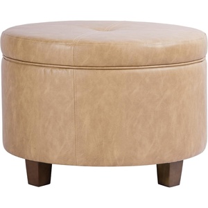 HomePop 24″ Large Round Storage Ottoman – Blue Gray Woven Fabric(Sand Faux Leather)