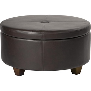 HomePop 24″ Large Round Storage Ottoman – Blue Gray Woven Fabric(Vintage Brown Faux Leather)