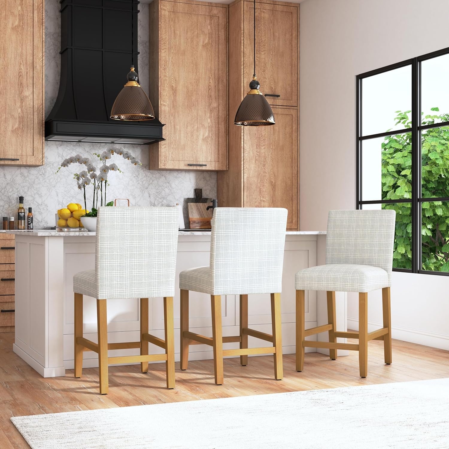 image:imageHomePop Upholstered Counter Height Barstool 24inch Textured AquaCream Grid Pattern