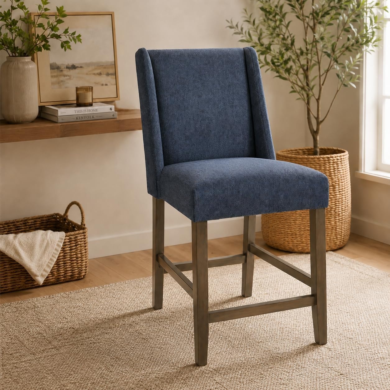 image:imageHomePop Upholstered Counter Height Barstool 24inch Textured AquaNavy Woven
