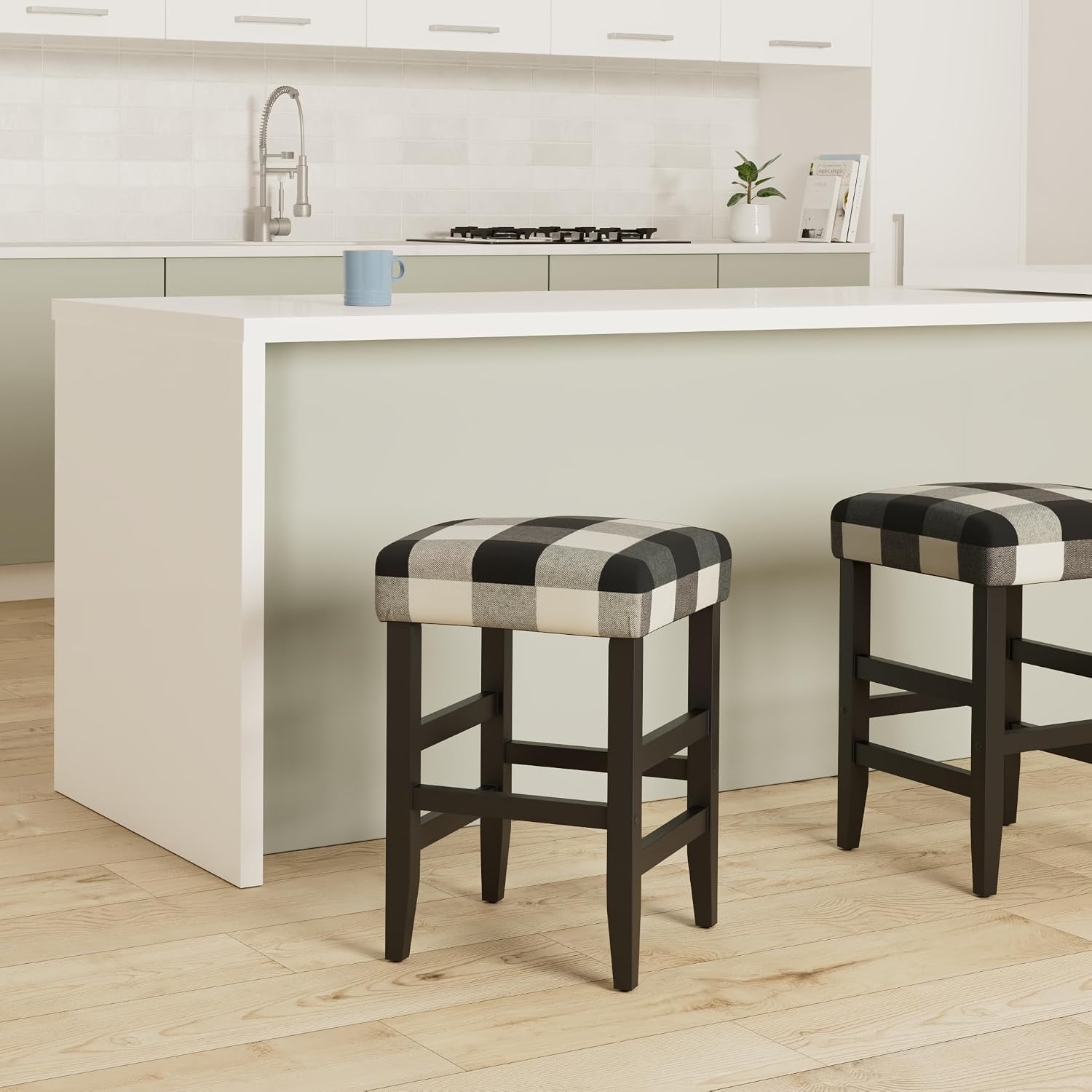 image:imageHomePop Backless Metal Frame Barstool 24inch Charcoal Square GeometricBlack Plaid