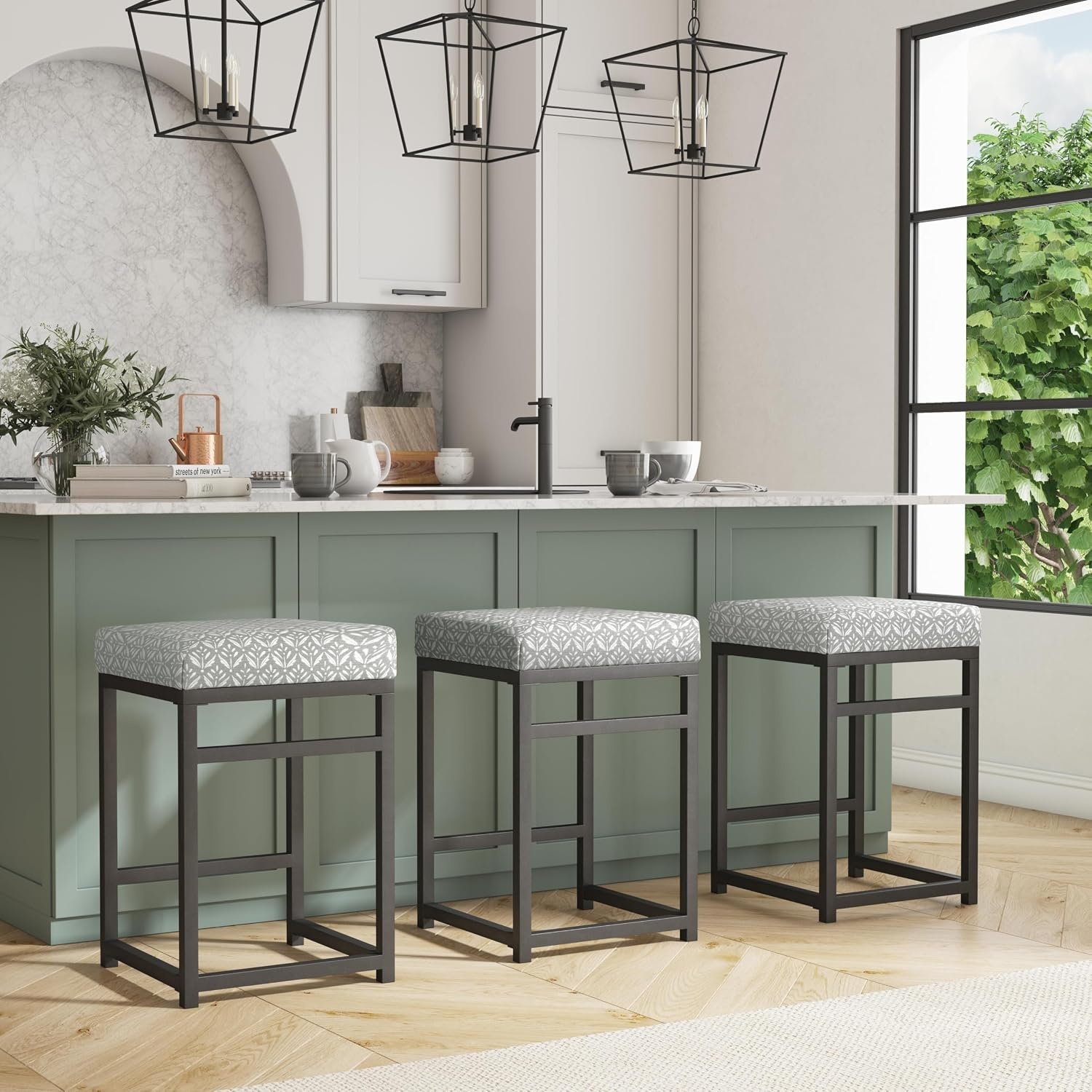 image:imageHomePop Backless Metal Frame Barstool 24inch Charcoal Square GeometricLight Gray Print