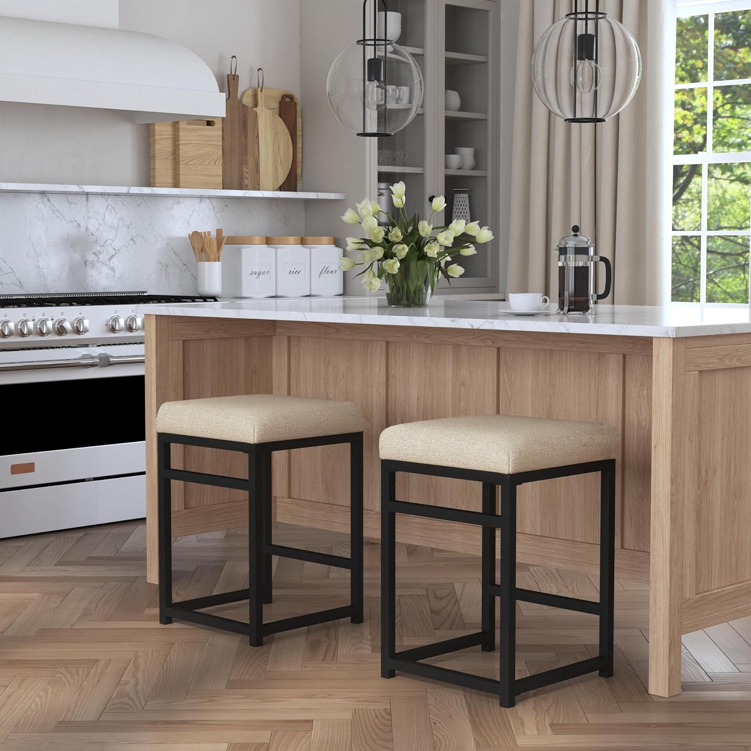 image:imageHomePop Backless Metal Frame Barstool 24inch Charcoal Square GeometricLight Tan