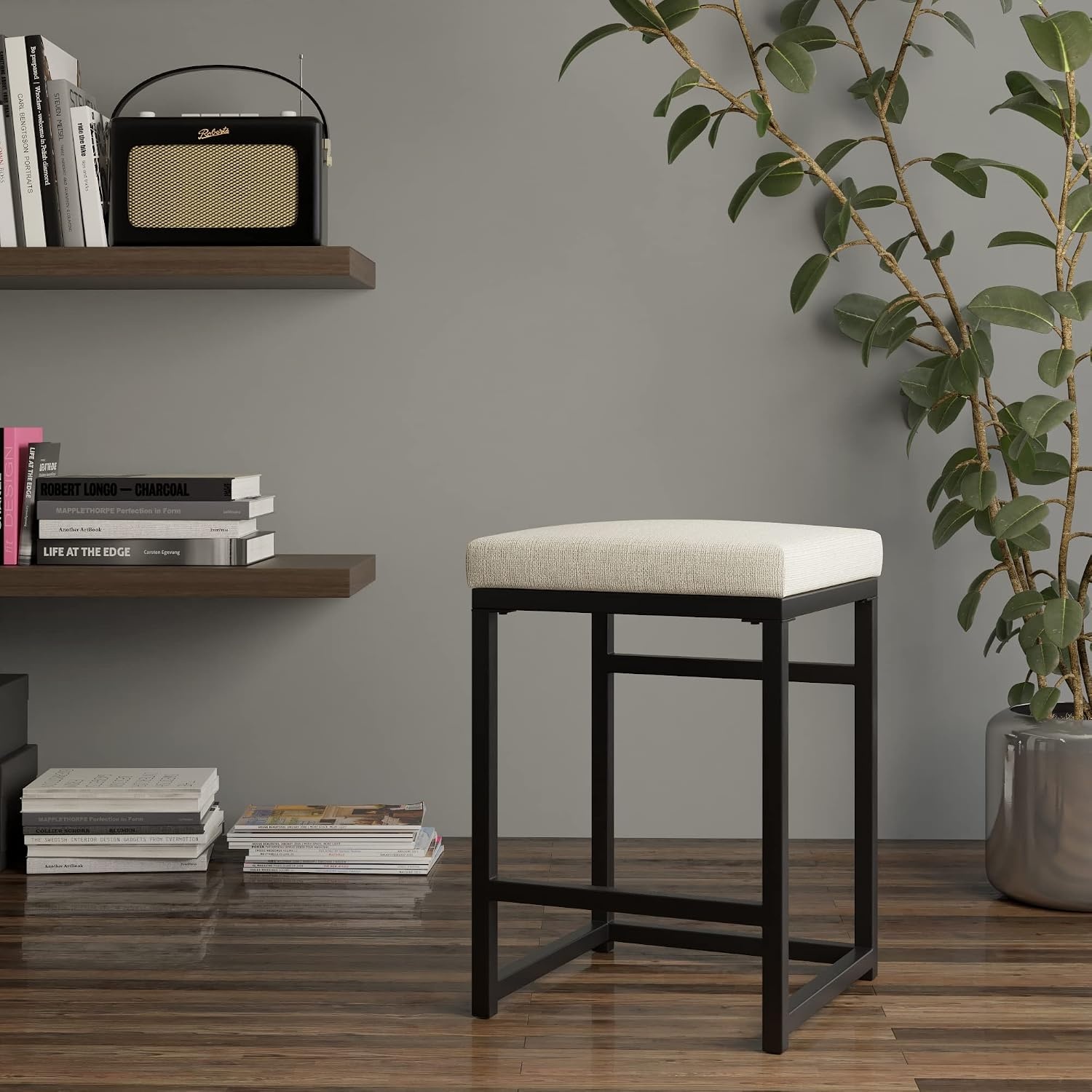 image:imageHomePop Backless Metal Frame Barstool 24inch Charcoal Square GeometricNatural