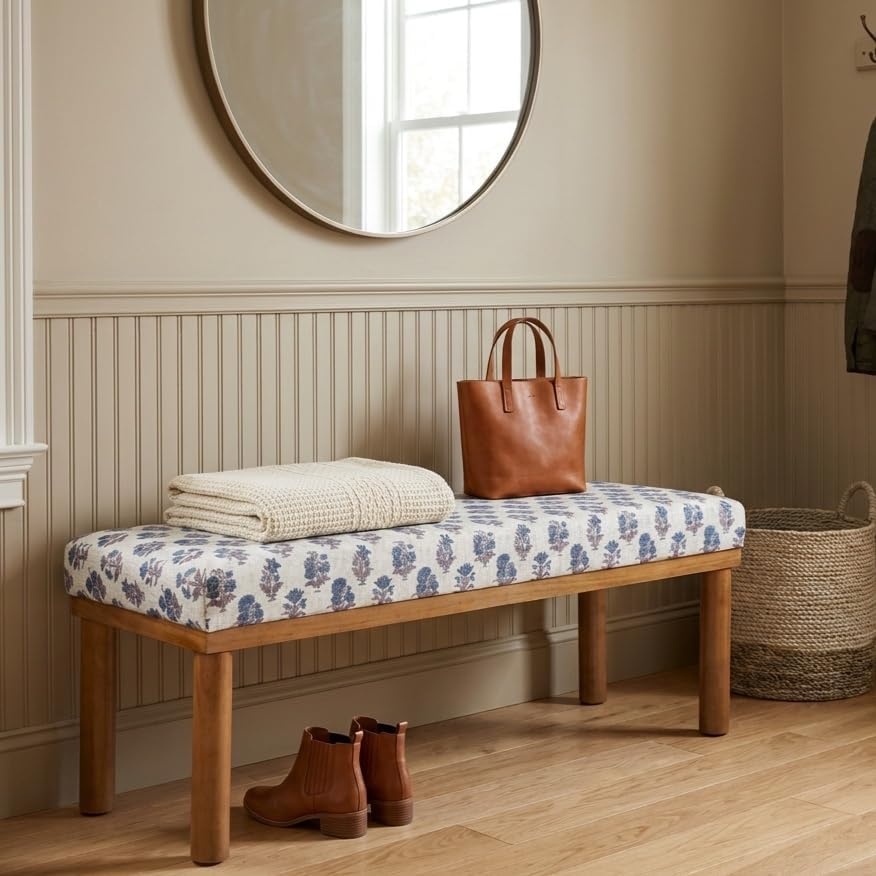 image:imageHomePop 475 Oslo Bench Chestnut Brown Faux LeatherBlue Floral Pattern