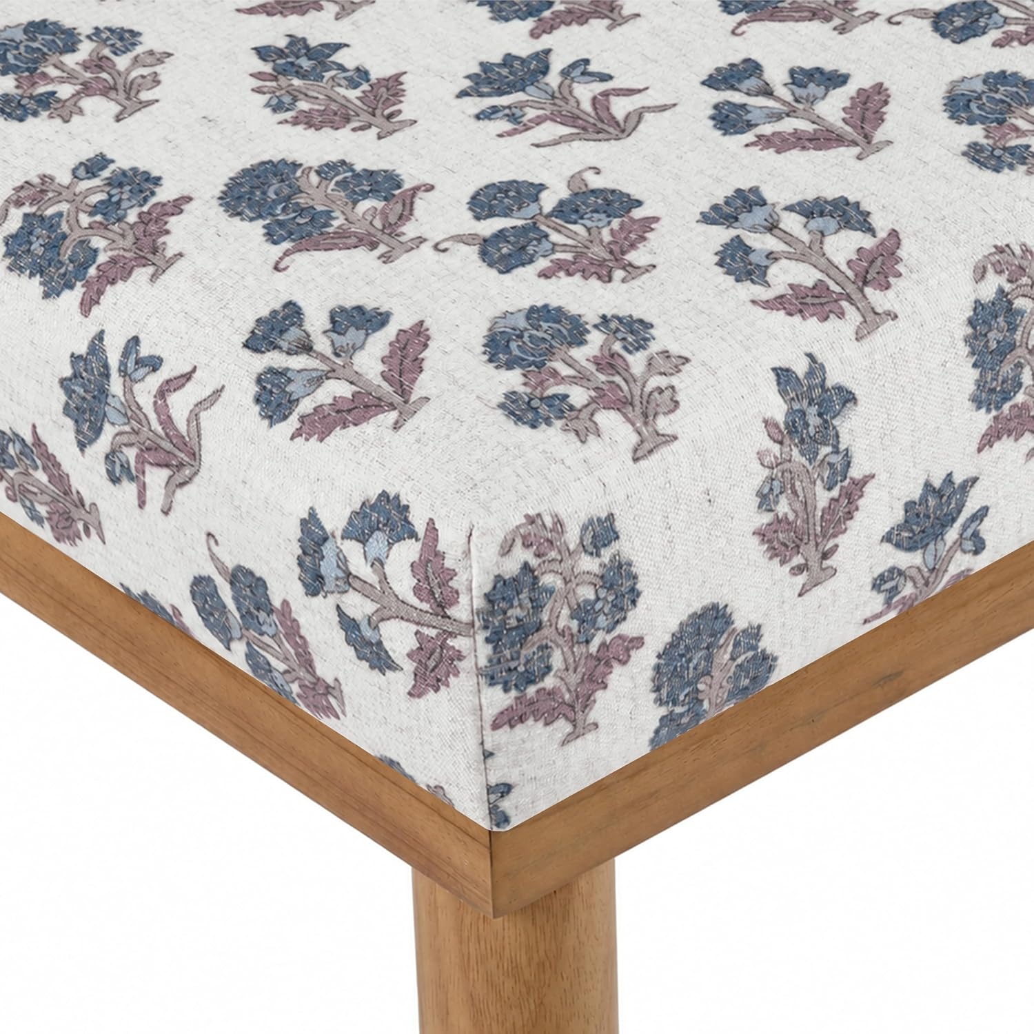 image:imageHomePop 475 Oslo Bench Chestnut Brown Faux LeatherBlue Floral Pattern