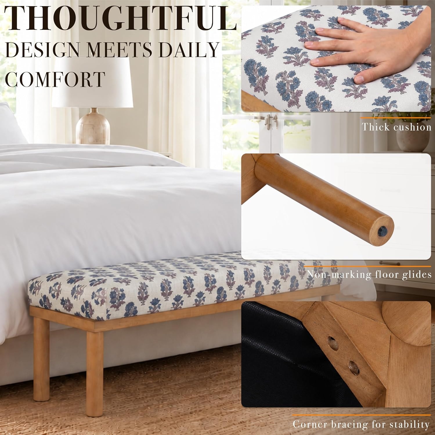 image:imageHomePop 475 Oslo Bench Chestnut Brown Faux LeatherBlue Floral Pattern