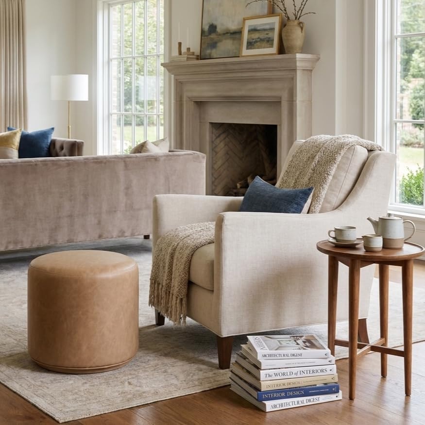 image:imageHomePop Avery 19 Round Ottoman Sand Faux LeatherSand Faux Leather