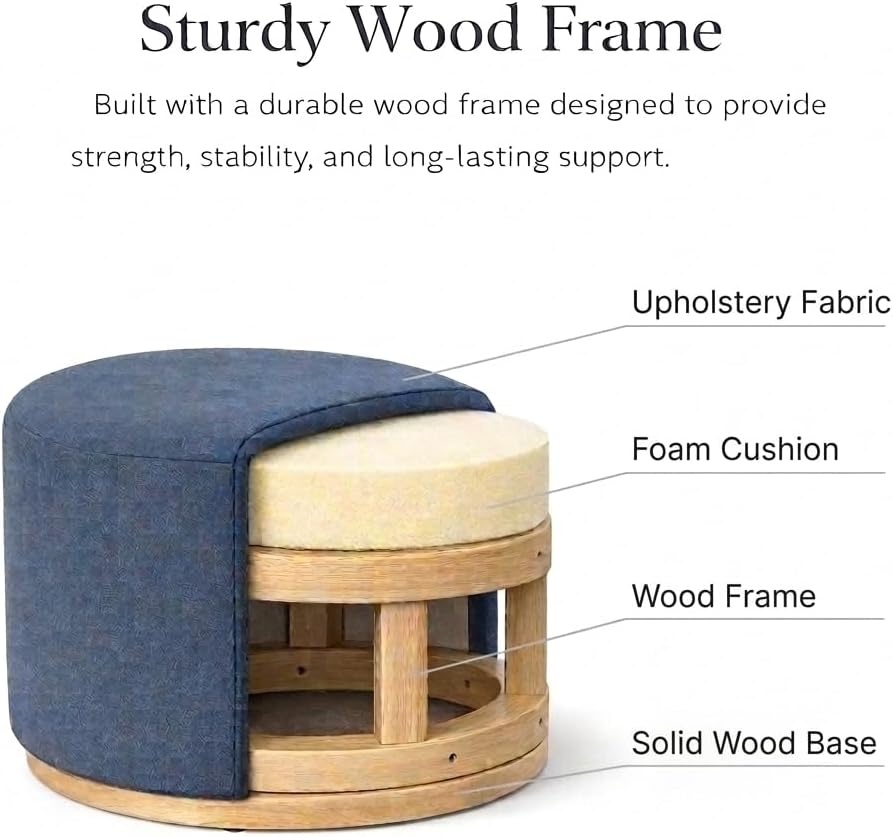 image:imageSpatial Order 22 Round Ottoman with Wooden Base Tan Geometric PatternBlue Woven Fabric