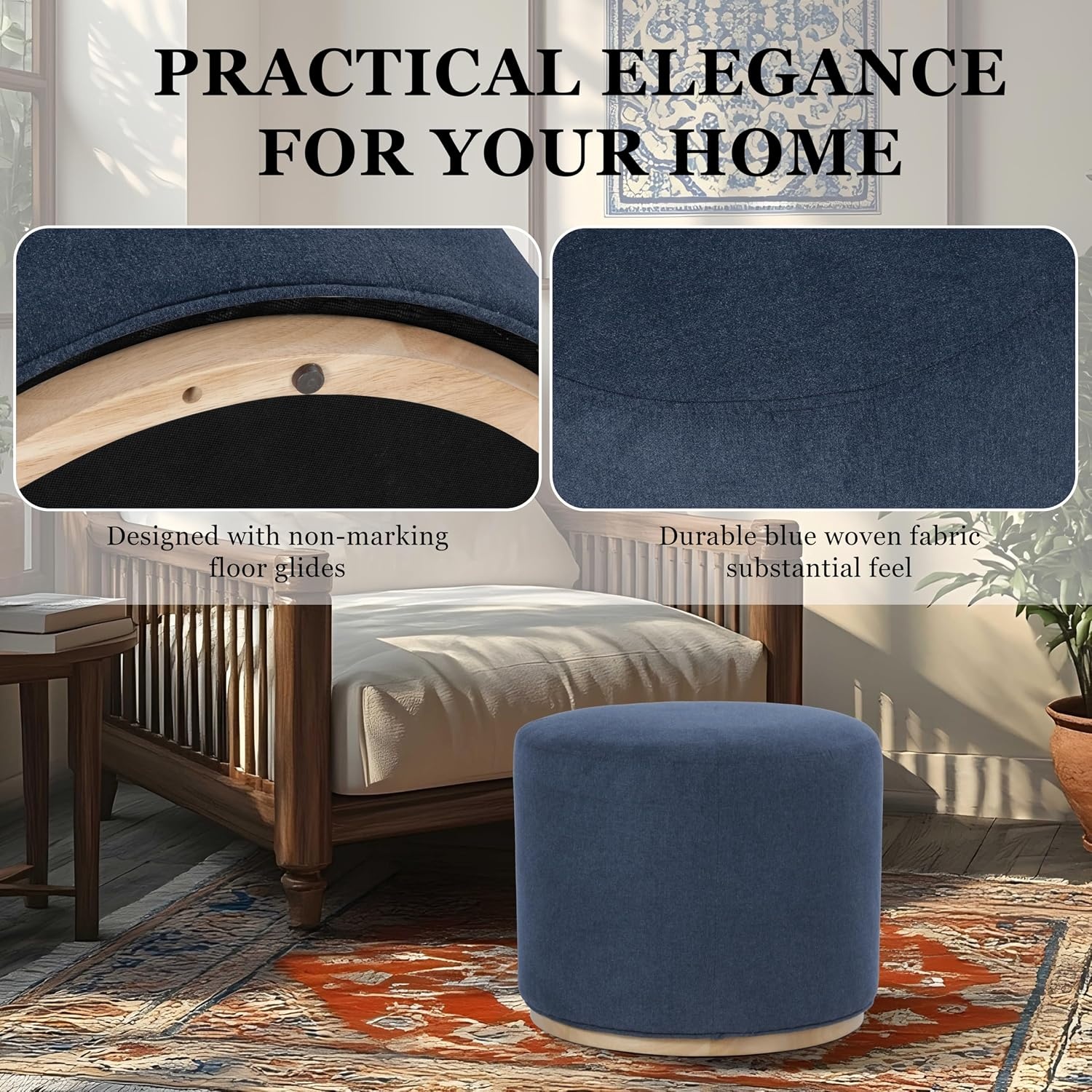 image:imageSpatial Order 22 Round Ottoman with Wooden Base Tan Geometric PatternBlue Woven Fabric