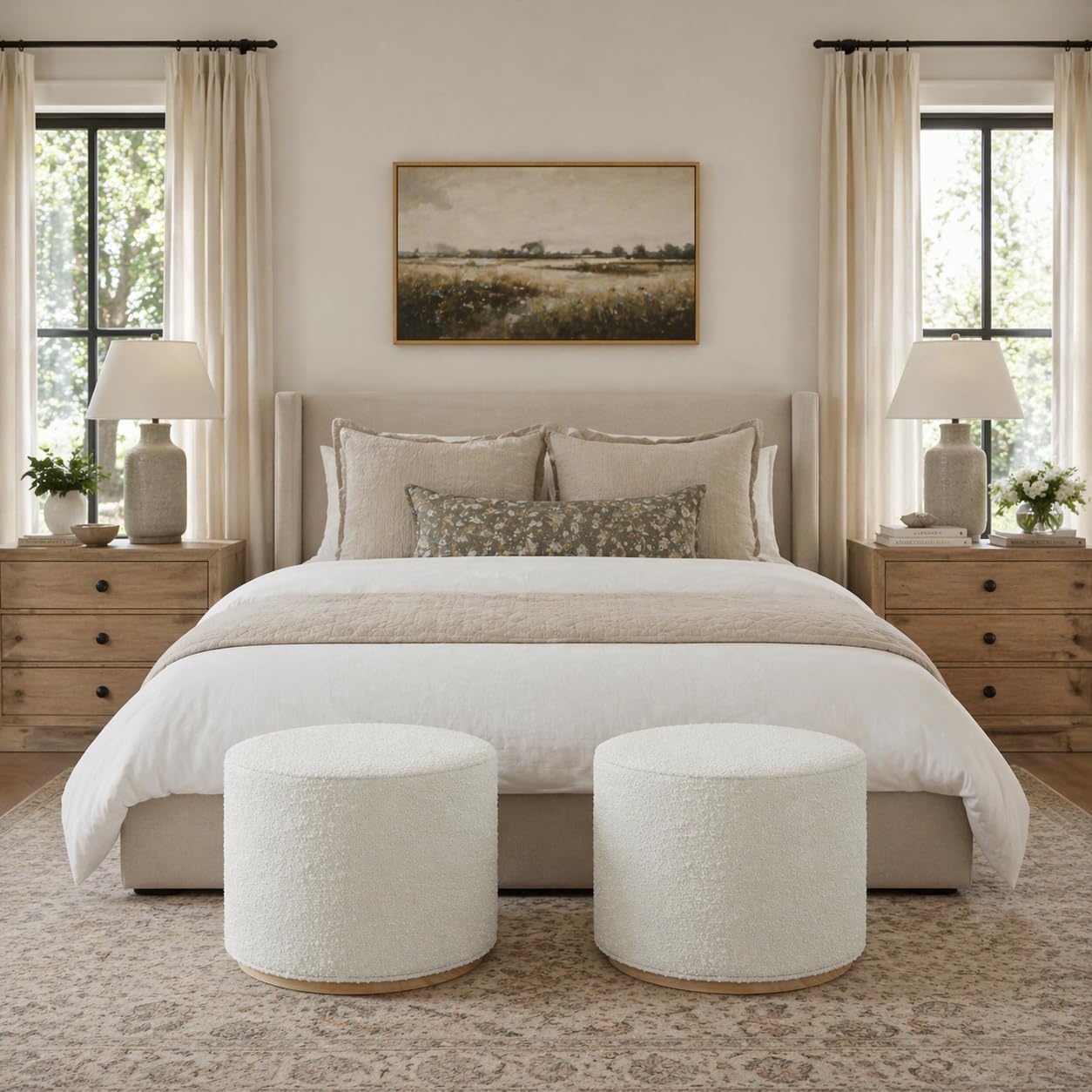 image:imageSpatial Order 22 Round Ottoman with Wooden Base Tan Geometric PatternCream Boucle