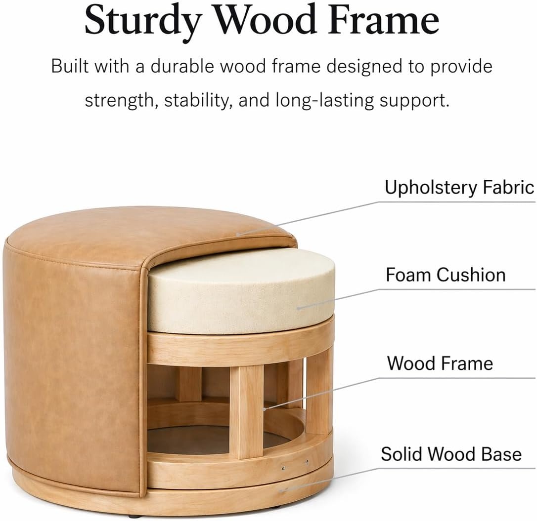 image:imageSpatial Order 22 Round Ottoman with Wooden Base Tan Geometric PatternSand Faux Leather