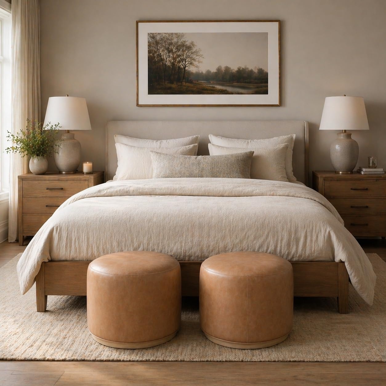 image:imageSpatial Order 22 Round Ottoman with Wooden Base Tan Geometric PatternSand Faux Leather
