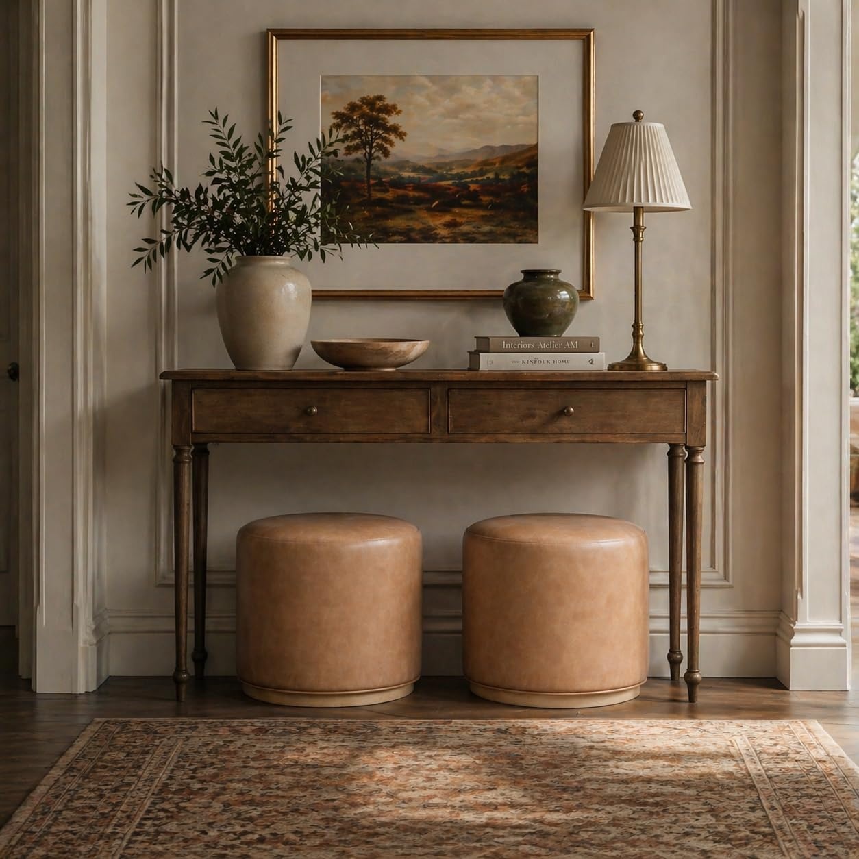 image:imageSpatial Order 22 Round Ottoman with Wooden Base Tan Geometric PatternSand Faux Leather