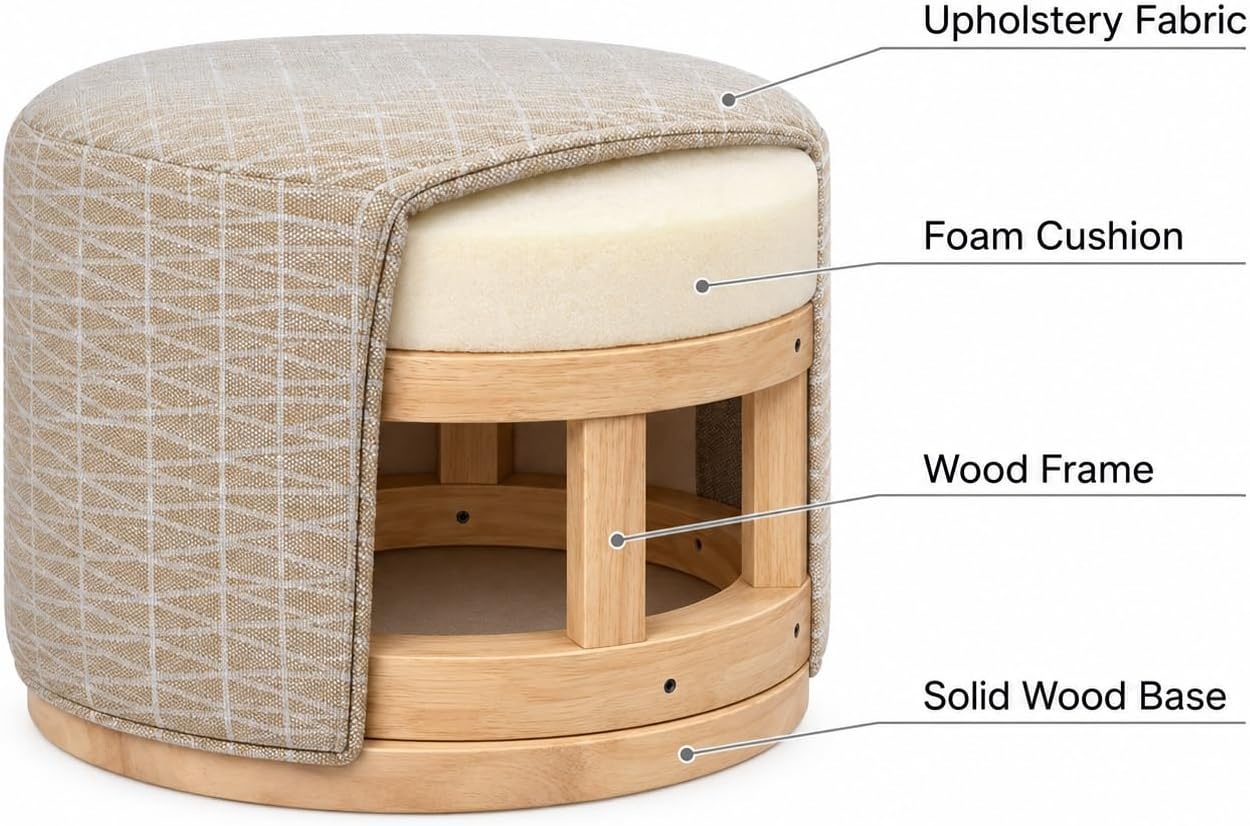 image:imageSpatial Order 22 Round Ottoman with Wooden Base Tan Geometric PatternTan Geometric Pattern