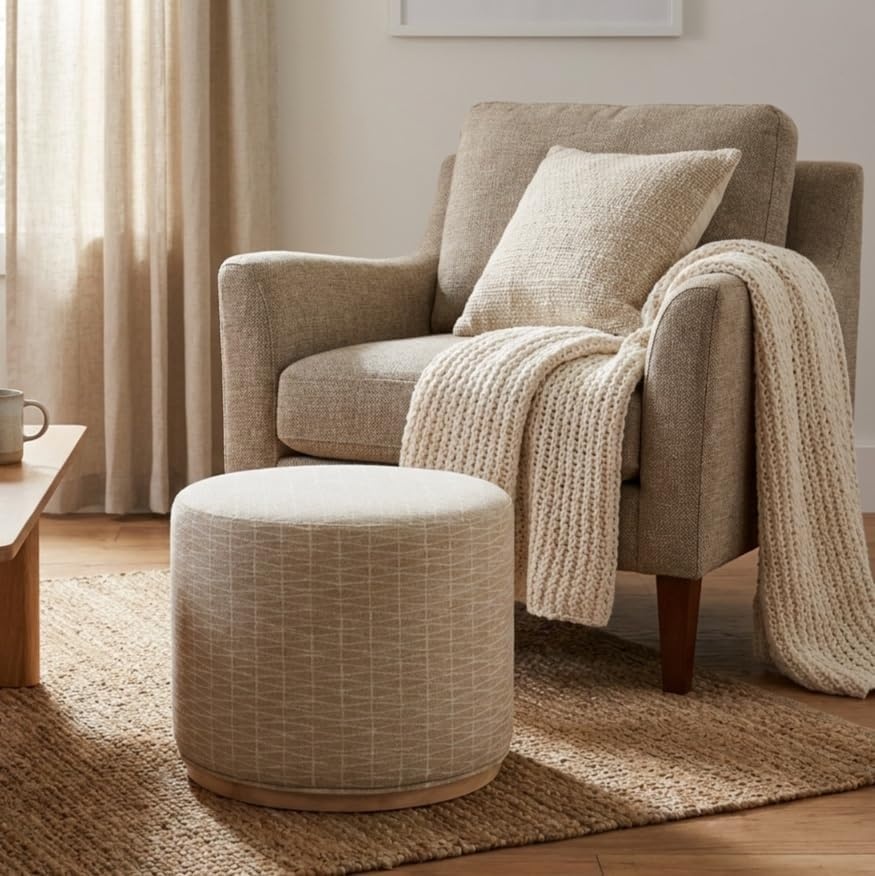 image:imageSpatial Order 22 Round Ottoman with Wooden Base Tan Geometric PatternTan Geometric Pattern